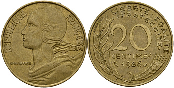 Франция 20 сантимов 1986 KM 930 алюминиевая бронза 4156-712