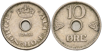 Норвегия 10 эре 1951 Хокон VII (1905-1957) KM 383 медно-никель 4608-336