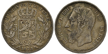 Бельгия 5 франков 1873 Леопольд II (1865-1909), позиция А KM 24 серебро 443-932