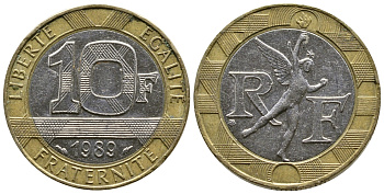 Франция 10 франков 1989 тип гений Бастилии KM 964.1, Le Franc 375.3 биметалл  51-5125