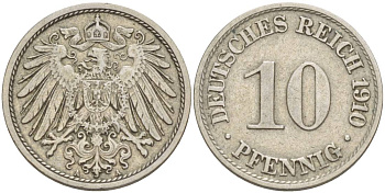 Германия 10 пфеннигов 1910 A KM 12, Jager 13, Weege 8 медно-никель 219-155