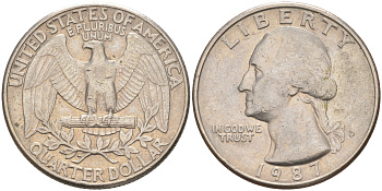 США 25 ЦЕНТОВ = КВОТЕР 1987 D, ВАШИНГТОН KM A164a медь плакированная медно-никелем 4114-923