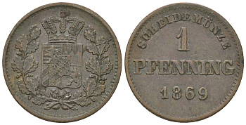 Бавария 1 пфенниг 1869 Людвиг II (1864-1886) AKS 185 медь 4679-956