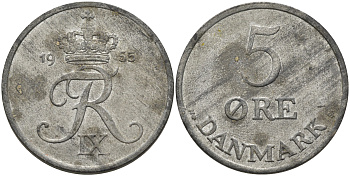 Дания 5 эре 1955 N; S, Фредерик IX (1947-1972) KM 843.1 цинк 4565-733