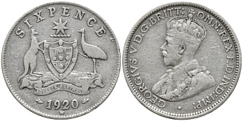 Австралия 6 пенсов 1920 M, Георг V (1910-1936), герб Австралии KM 25 серебро 220-856