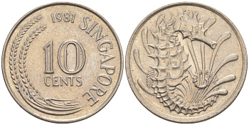Сингапур 10 центов 1981 морской конек KM 3 медно-никель 187-458