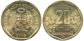 Перу 20 сентимо 2008 KM 306.4 латунь aUNC 4605-444