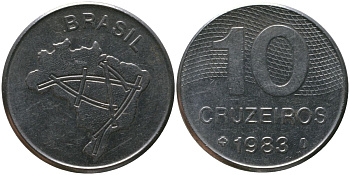 Бразилия 10 крузейро 1983 KM 592.1, Schon 101 нержавеющая сталь 4514-1233