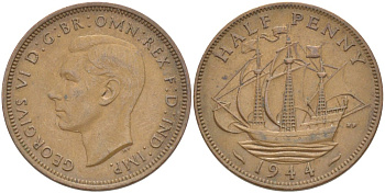 Великобритания 1/2 пенни 1944 Георг VI (1936-1952) KM 844, Spink 4115 бронза 51-1944