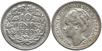 Нидерланды 10 центов 1939 Вильгельмина I (1890-1948) KM 163 серебро 4387-868