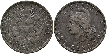 Аргентина 2 сентаво 1892 голова свободы влево KM 8 бронза 4531-1114