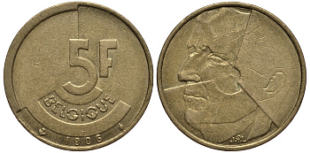 БЕЛЬГИЯ 5 ФРАНКОВ 1986 BELGIQUE, БОДУЭН I (1951-1993) KM 163 латунь или алюминиевая бронза VF 4182-542