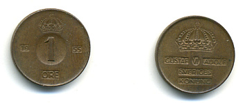 Швеция 1 эре 1955 TS, Густав VI Адольф (1950-1973) KM 820 бронза 80-542