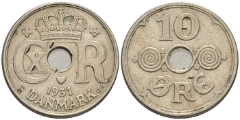 ДАНИЯ 10 ЭРЕ 1931 N ; GJ, КРИСТИАН X (1912-1947), LARGE N KM 822.2 медно-никель 4392-1265