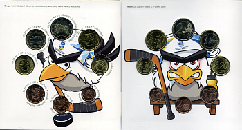 Финляндия евронабор из 8 монет 2012 Чемпионат мира по хоккею с шайбой, талисман, официальный набор в оригинальном буклете UNC 5-6-2-32