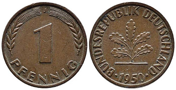 ФРГ 1 ПФЕННИГ 1950 J KM 105, J. 380 сталь плакированная медью 39-1246