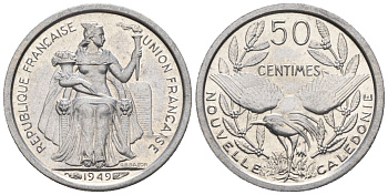 Французская Новая Каледония 50 сантим 1949 птица кагу, заморские территории KM 1 алюминий  aUNC  4609-933