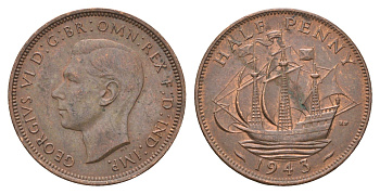 Великобритания 1/2 пенни 1943 Георг VI (1936-1952) KM 844, Spink 4115 бронза 4662-1057
