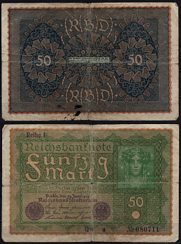 Германия 50 марок 1919 Pick 66 бумага 6293-7-2-2