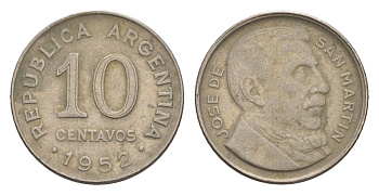 Аргентина 10 сентаво 1952 генерал Хосе де Сан Мартин KM 47 медно-никель 4655-1016