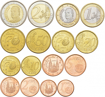 Испания евронабор из 8 монет 2003 1, 2, 5, 10, 20, 50 евроцентов, 1 и 2 евро KM 1040, 1041, 1042, 1070, 1071, 1072, 1073, 1074 UNC 183-151