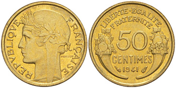 Франция 50 сантимов 1941 тип Морлон KM 894.1, Le Franc 192.18 алюминиевая бронза 44-367