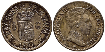 ИСПАНИЯ 1 СЕНТИМО 1906 SL-V, АЛЬФОНСО XIII (1886-1931) KM 726 бронза 4391-116