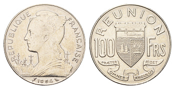Реюньон 100 франков 1964 KM 13 никель aUNC 4127-1843