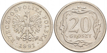 Польша 20 грошей 1991 MW KM 280 медно-никель 4516-555