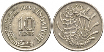 Сингапур 10 центов 1969 морской конек KM 3 медно-никель 4448-514