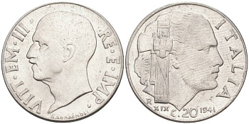 ИТАЛИЯ 20 ЧЕНТЕЗИМО 1941 R, ГОД XIX, ВИКТОР ЭММАНУИЛ III (1900-1946) KM 75b, VEM3. 1028 нержавеющая сталь 3853-1156