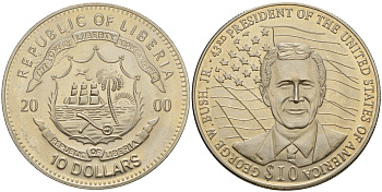 Либерия 10 долларов 2000 43-ый Президент США - Джордж Уокер Буш (2001-2009) KM 653 медно-никель UNC 3897-1116