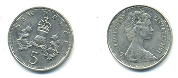 Великобритания 5 пенсов 1980 Елизавета II (1952-2022) KM 911, Spink 4233 (D1) медно-никель 4379-1456