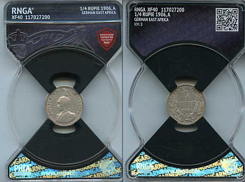 Немецкая Восточная Африка (Танзания) 1/4 рупии 1906 A, Ost-Africa, Вильгельм II (1888-1918), в слабе RNGA XF 40 Jaeger 720, KM 8 серебро    15-011-03