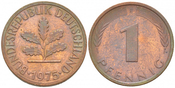 ФРГ 1 ПФЕННИГ 1975 F KM 105, J.380 сталь плакированная медью 3718-222