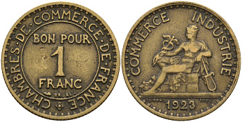 Франция 1 франк 1923 KM 876, Le Franc 218.5 алюминиевая бронза 4142-737