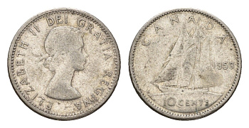 Канада 10 центов 1959 Елизавета II (1952-2022), парусник KM 51 серебро 99-814