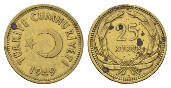 Турция 25 курушей 1949 KM 886 латунь 83-1824
