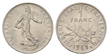 Франция 1 франк 1968 сеятель, тип Semeuse KM 925, Le Franc 226.13 никель 3459-823