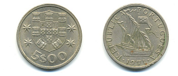 ПОРТУГАЛИЯ 5 ЭСКУДО 1971 ПАРУСНИК KM 591 медно-никель 176-216