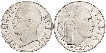 ИТАЛИЯ 20 ЧЕНТЕЗИМО 1941 R, ГОД XIX, ВИКТОР ЭММАНУИЛ III (1900-1946) KM 75b, VEM3. 1028 нержавеющая сталь 3853-755