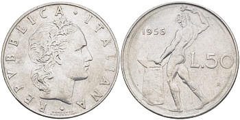 Италия 50 лир 1956 R, бог огня Вулкан у наковальни KM 95.1 нержавеющая сталь 84-256