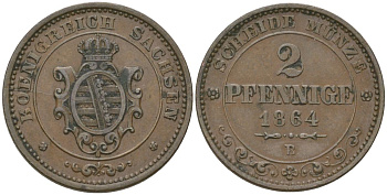 Саксония 2 пфеннига 1864 B, Иоганн I (1854-1873) KM 1217, AKS 153 медь 4547-318