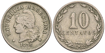 Аргентина 10 сентаво 1938 голова свободы влево KM 35, CJ 125, Schon 38 медно-никель    4609-1143