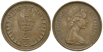 Великобритания 1/2 пенни 1971 Елизавета II (1952-2022) KM 914, Spink 4239 бронза 4136-1139