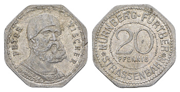 Нюрнберг трамвайный (транспортный) жетон в 20 пфеннигов ND (1920-1921) Петер Фишер Men05 19256.30, Men18 24102.30 алюминий 4638-347