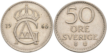 Швеция 50 эре 1966 U, Густав VI Адольф (1950-1973) KM 837 медно-никель 4379-1131