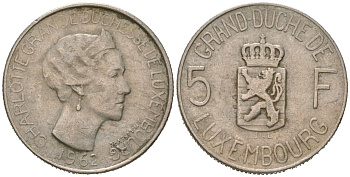 Люксембург 5 франков 1962 KM 51 медно-никель 117-1147