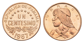 Панама 1 сентесимо 1967 Уррака, тираж 20.000 экземпляров KM 22 бронза PROOF 1526-1242