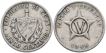 Куба 5 сентаво 1966 KM 34, JMA 42, Y 28, Schoen 32 алюминий 4114-132